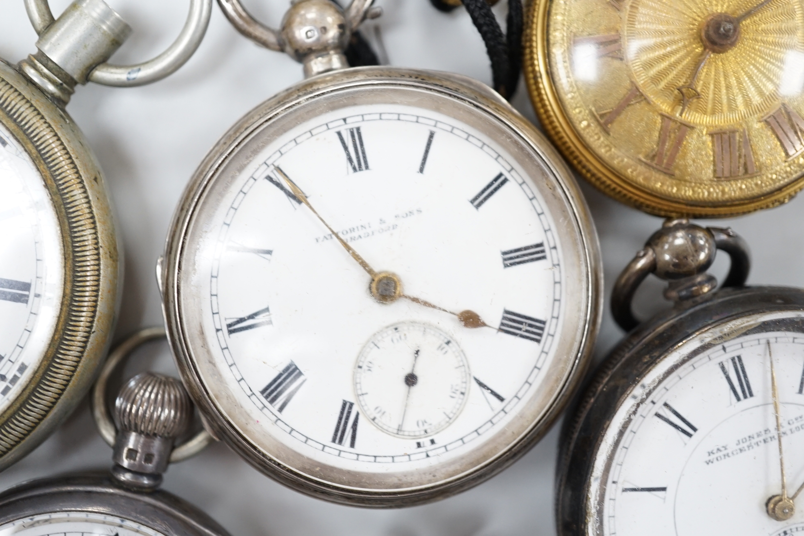 Six assorted pocket watches, including silver by J.W. Benson and gilt metal (a.f.).